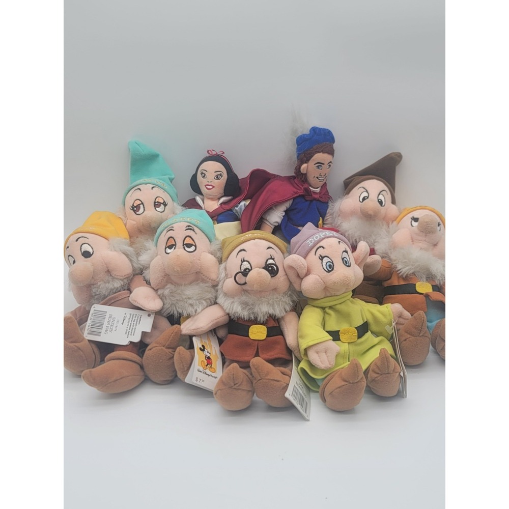 Disney Snow White 7 Dwarfs Plush Bean Bag Lot NWT Prince 9pc No Queen